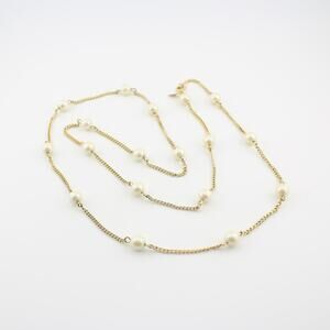 Sarah Coventry Gold Tone Faux Pearl Long Necklace Signed Sarah Cov